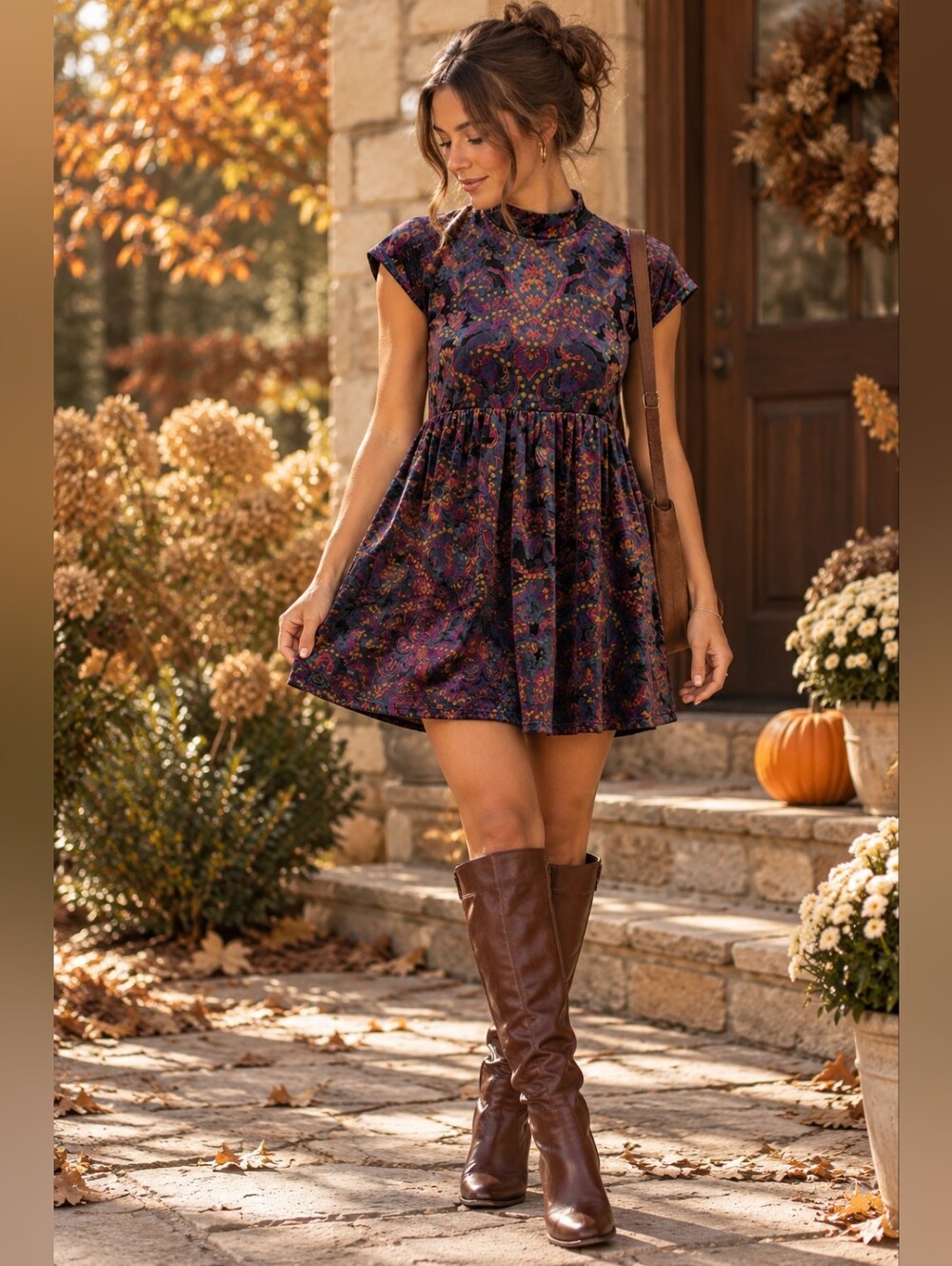 Free People All The Time Velvet Mini Dress Paisley Burnout Mock Neck Tie Back L
